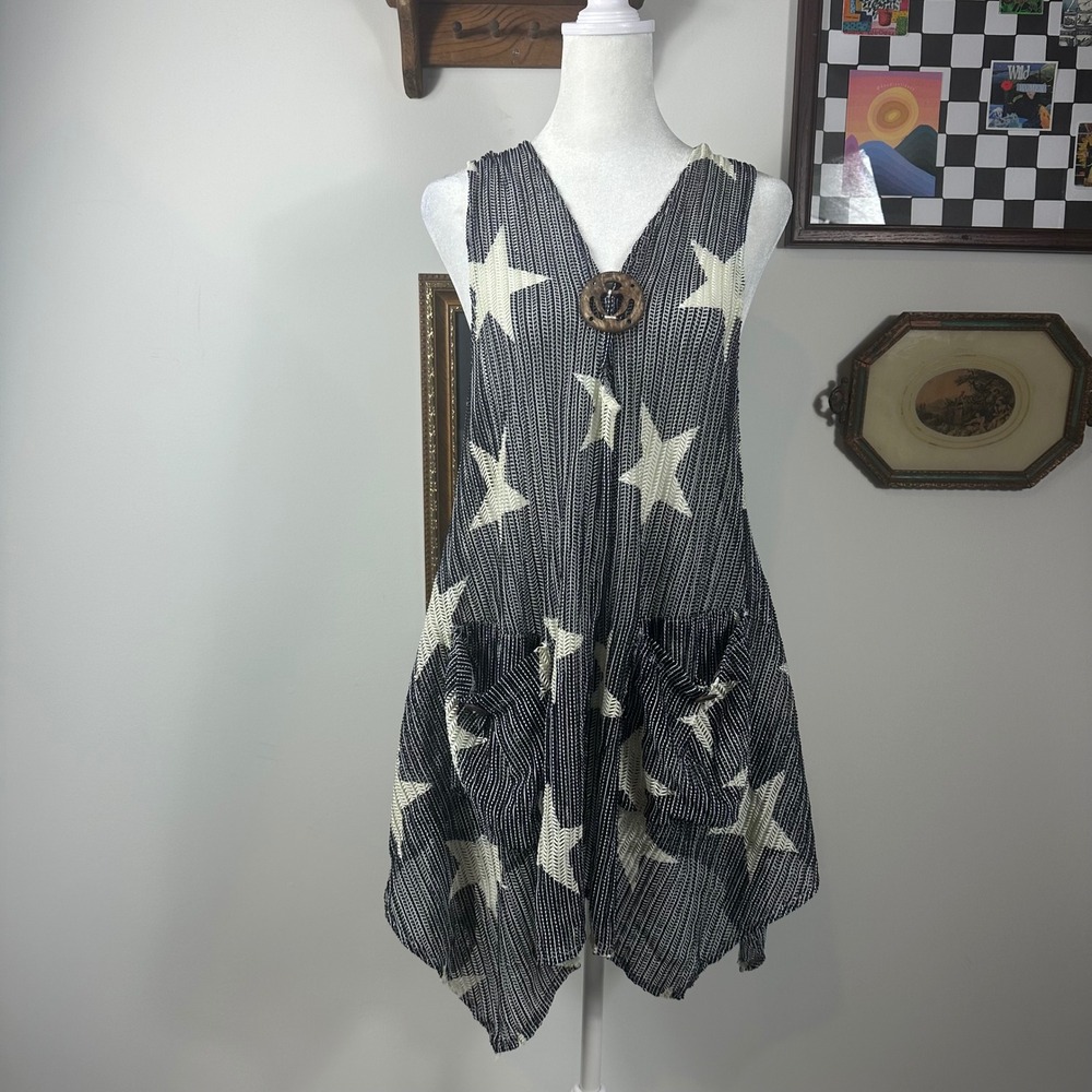 Navy & White Star Mesh Dress w/ Wood Detail - SIZE XL/XXL Festival Beach Summer‎